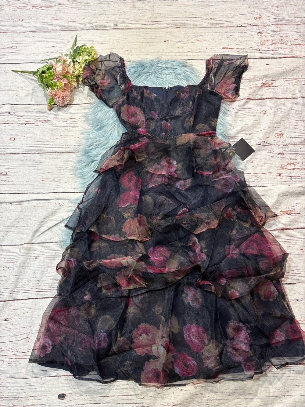 NWT Lulus Oh-So Stunning Navy Blue Floral Organza Tiered Midi Dress - Picture 7 of 9
